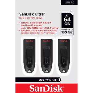 Sandisk Cruzer Ultra - 64GB USB Stick - USB 3.0 - Black - 3 Pack